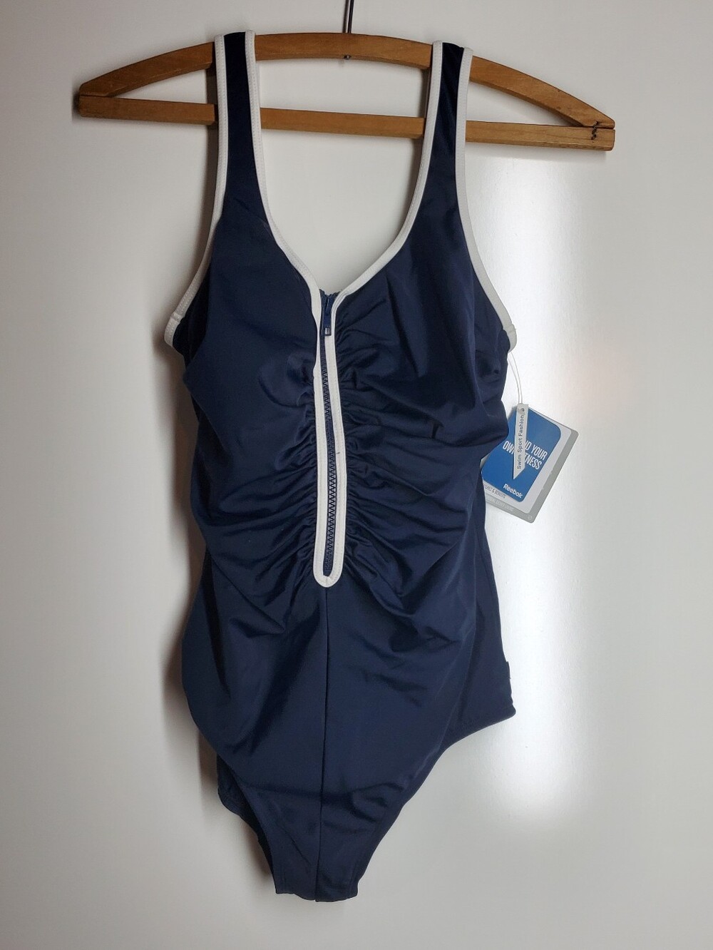 Reebok Navy One-Piece Swimsuit with White Trim and Front Zip